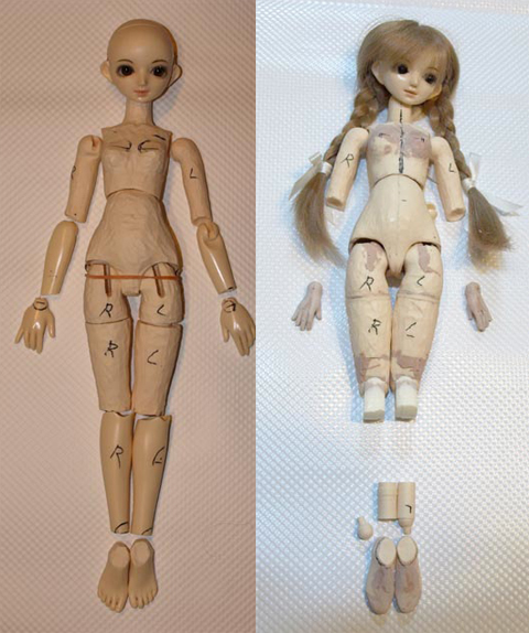 Carved body (left) and with modelling in progress